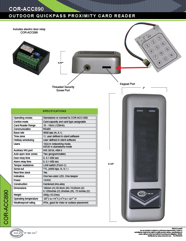 3-way Adaptable Reader-Card, PIN, Card & Pin specifications for access control product COR-ACC890