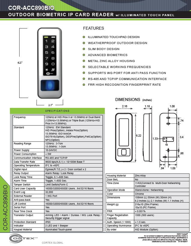 Outdoor Biometric Fingerprint Plus Proximity Card Reader with IP Network Connection from Cortex® specifications for access control product COR-ACC890BIO