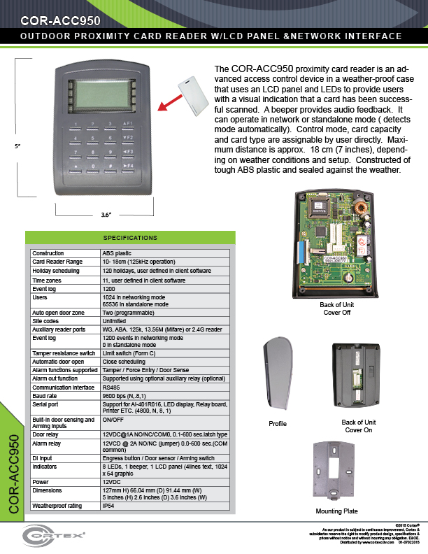 Outdoor Proximity Card Reader with Keypad and LCD Panel from Cortex® specifications for access control product COR-ACC950