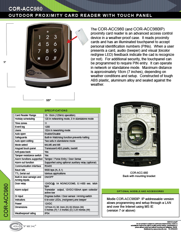 Outdoor Proximity Card Reader w/ Illuminated Keypad from Cortex® specifications for access control product COR-ACC980