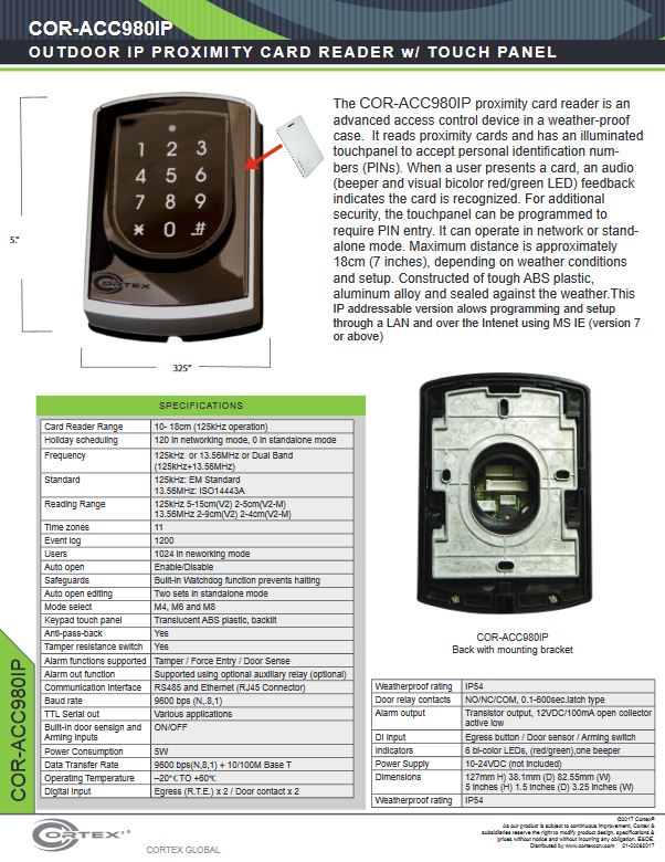 Outdoor IP Proximity Card Reader with Illuminated Keypad from Cortex® specifications for access control product COR-ACC980IP