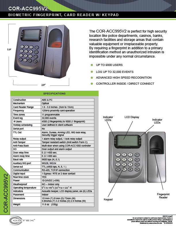 Indoor Biometric Fingerprint Scanner & Card Reader with Keypad, & LCD Display from Cortex® specifications for access control product COR-ACC999