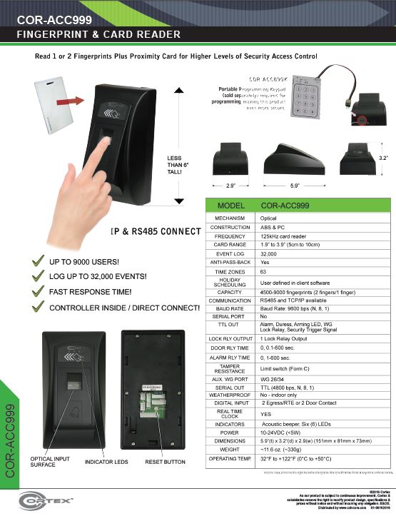 Indoor Biometric Fingerprint Scanner and Card Reader from Cortex® specifications for access control product COR-ACC999