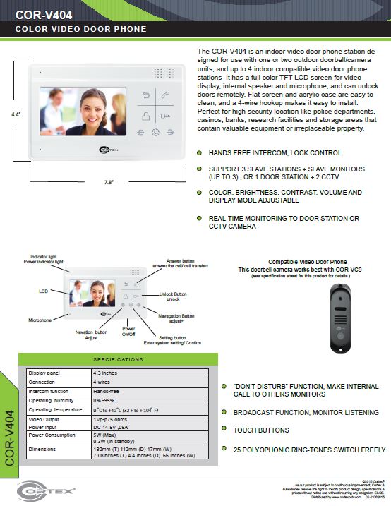 4.3 inch Color LCD Video Door Phone from Cortex® specifications for access control product COR-V404