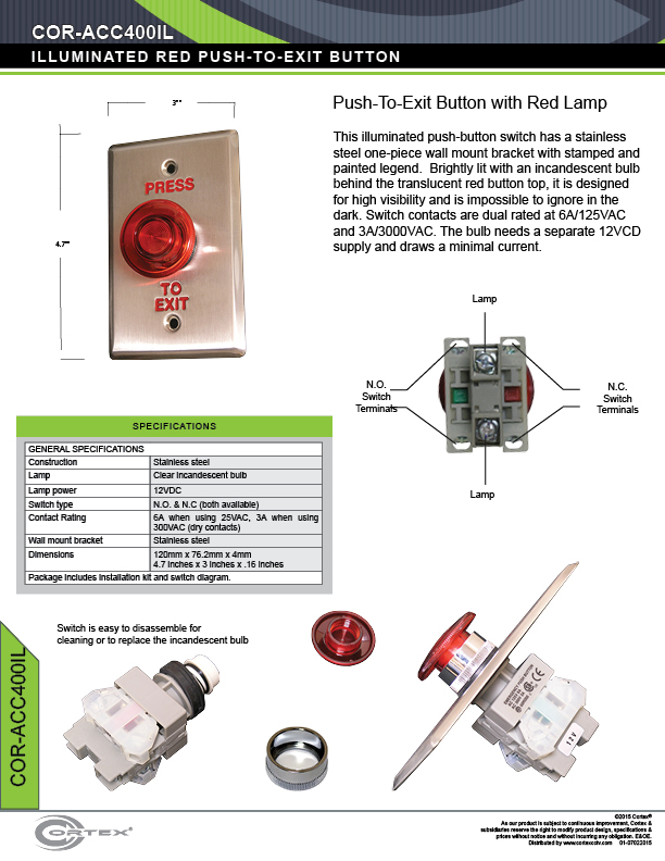 Double Gang Red Push to Exit button specifications for access control product COR-ACC400IL