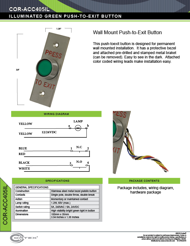 Illuminated Green Push-to-Exit Button specifications for access control product COR-ACC405IL