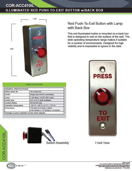 Single Gang Illuminated RED Push-to-Exit Button specifications for access control product COR-ACC410IL