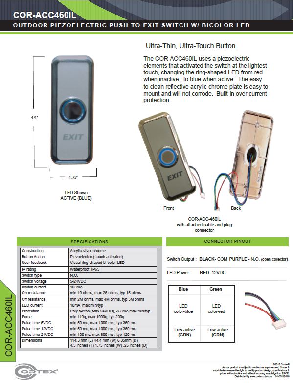 Single Gang Push To Exit Button with Bi-Color LED specifications for access control product COR-ACC460IL