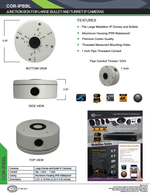 Junction Box for Large Bullet and Turret IP Security Cameras from Cortex® specifications for this accessory product COR-IPBBL