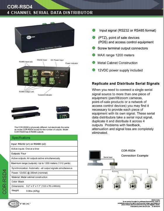RS485 Serial Data Distributor for PTZ and Access with 4  Signal Outputs and 2 x Inputs from Cortex® specifications for this accessory product COR-RSD4