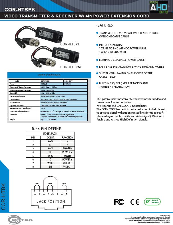 2 Pack Video Transmitter & Receiver with 4 inch Extension Cord from Cortex® specifications for this accessory product COR-HTBPK