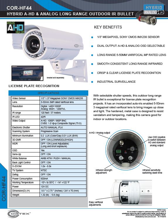 The HF44 Hybrid AHD LPR Security Camera from Cortex for Outdoor with 5-50mm Long Range IR Lens