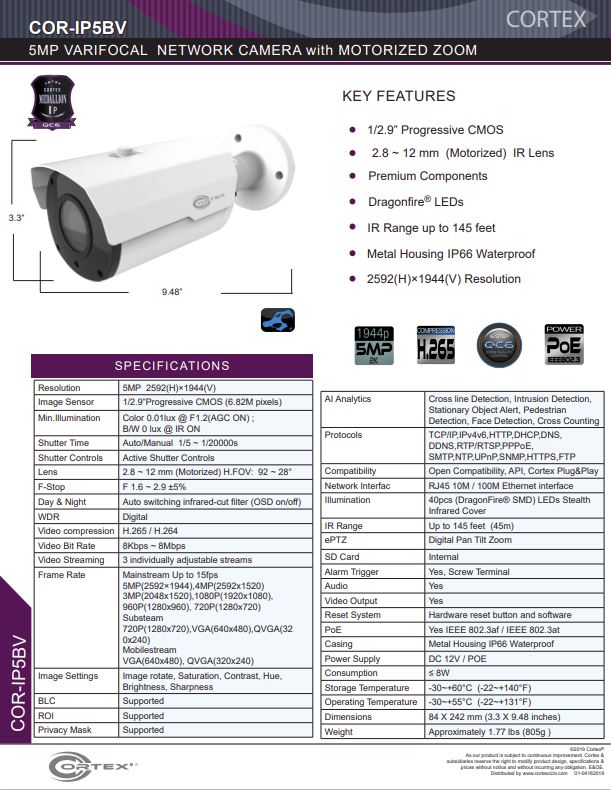 Medallion 5MP (4K) Outdoor Network Camera with 2.8 ~ 12mm (Motorized) lens.