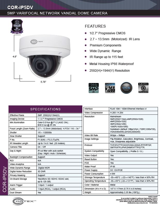 Medallion network camera, 5MP Medallion network camera with 31-102° Angle of view