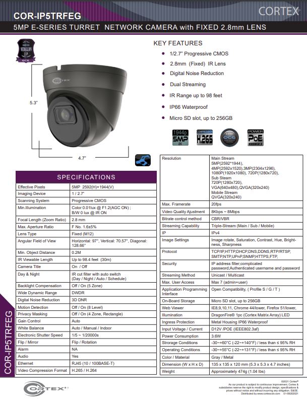 Medallion network camera, Medallion 5MP Network Turret Camera with IR and 3.6mm wide angle lens