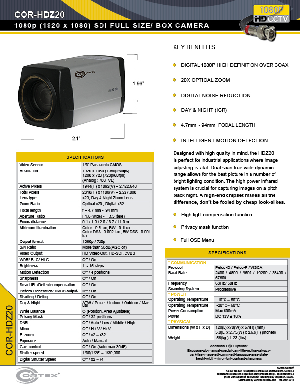  The COR-HDZ20 1080P Cortex® 20x Zoom High Definition SDI Full Size Security Camera