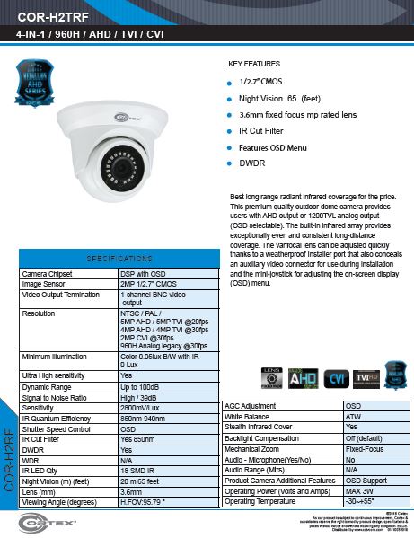 AHD , TVI, CVI camera, 2MP 1080p 30fps (NTSC).