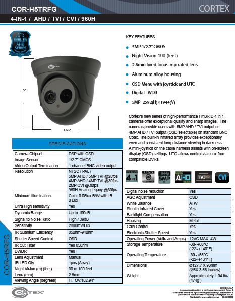 AHD , TVI, CVI camera, 5MP 2592(H)×1944(V)