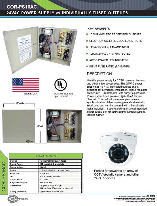 16 Channel security cctv ac power supply specifications for the COR-PS16AC