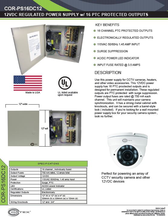 16 Channel security cctv dc power supply specifications for the COR-PS16DC12