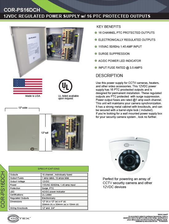 16 Channel security cctv dc power supply specifications for the COR-PS16DCH