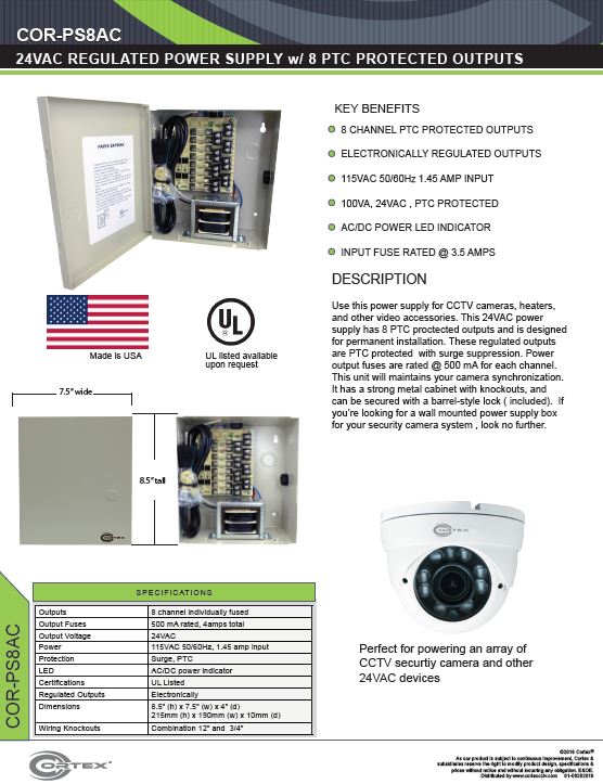 8 Channel security cctv ac power supply specifications for the COR-PS8AC