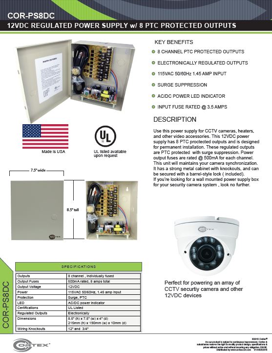 8 Channel security cctv dc power supply specifications for the COR-PS8DC