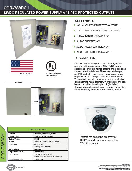 8 Channel security cctv dc power supply specifications for the COR-PS8DCH