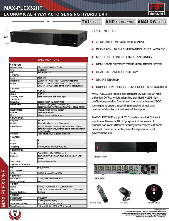 Specification image for the PLEX32HF MAX® 16 channel Hybrid 4 way AHD recorder for SuperLive Plus smartphone app surveillance.