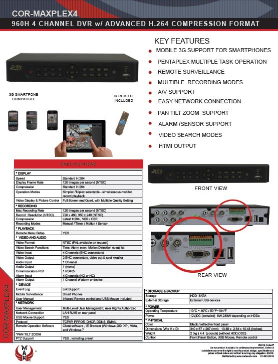 Specification image for the PLEX4 MAX® 4 channel Hybrid Auto-Sensing Full-HD recorder for SuperLive Plus smartphone app surveillance.