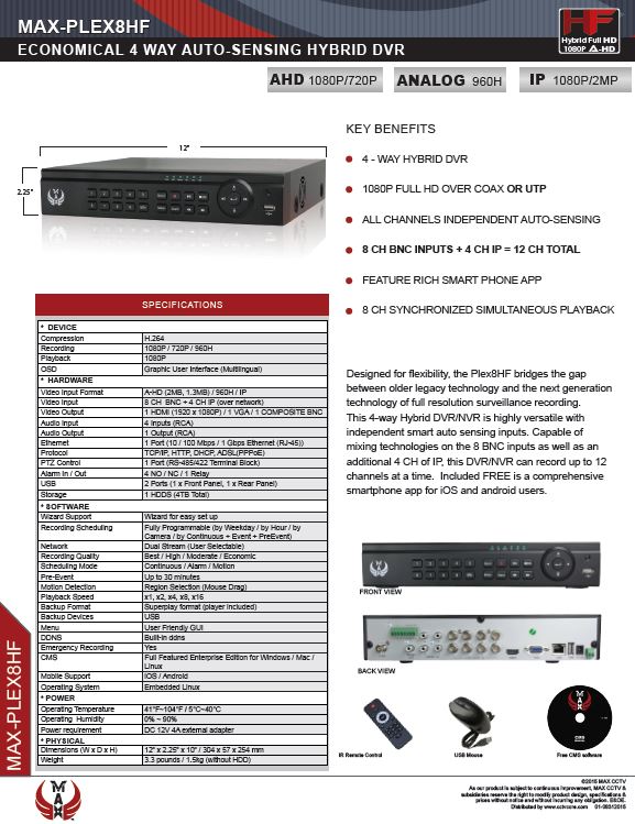 Specification image for the PLEX8 MAX® 8 channel Hybrid Auto-Sensing Full-HD recorder for SuperLive Plus smartphone app surveillance.