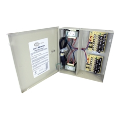 UL listed wall mount 16-channel 24VAC 8amp power supply with sixteen (16) individually fused outputs and plugs into a standard  North American 110/120VAC wall outlet. It is designed for permanent installation.