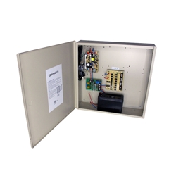 4-Channel 12vDC 4amp  UL listed wall mount power supply COR-PS4DCB with Battery backup is housed in a metal cabinet. It has four individually fused outputs and a status LED