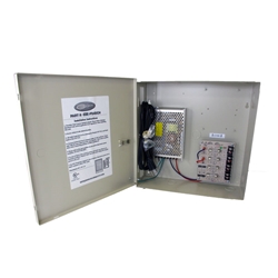4-Channel Heavy Duty 12vDC 8amp UL listed heavy duty  wall mount power supply COR-PS4DCH is housed in a metal cabinet. It has four individually fused outputs and a status LED