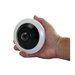 Hand and cameras comparison for the Medallion 5MP IP Outdoor Fish Eye Security Camera with 360° fisheye view and POE Medallion Fisheye