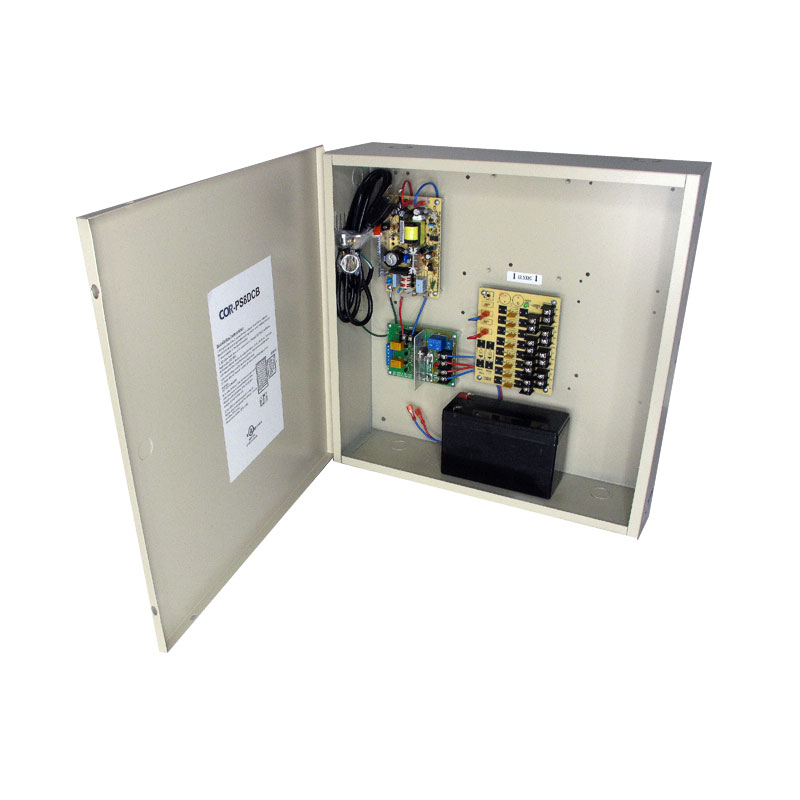 8-Channel 12vDC 4amp UL listed wall mount power supply COR-PS8DCB w/ Battery backup is housed in a metal cabinet. It has eight individually fused outputs and a status LED