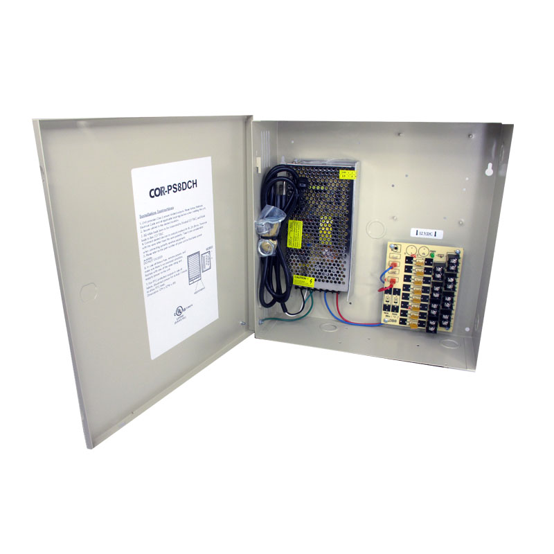 8-Channel 12vDC 8amp UL listed heavy duty  wall mount power supply COR-PS8DCH is housed in a metal cabinet. It has eight individually fused outputs and a status LED