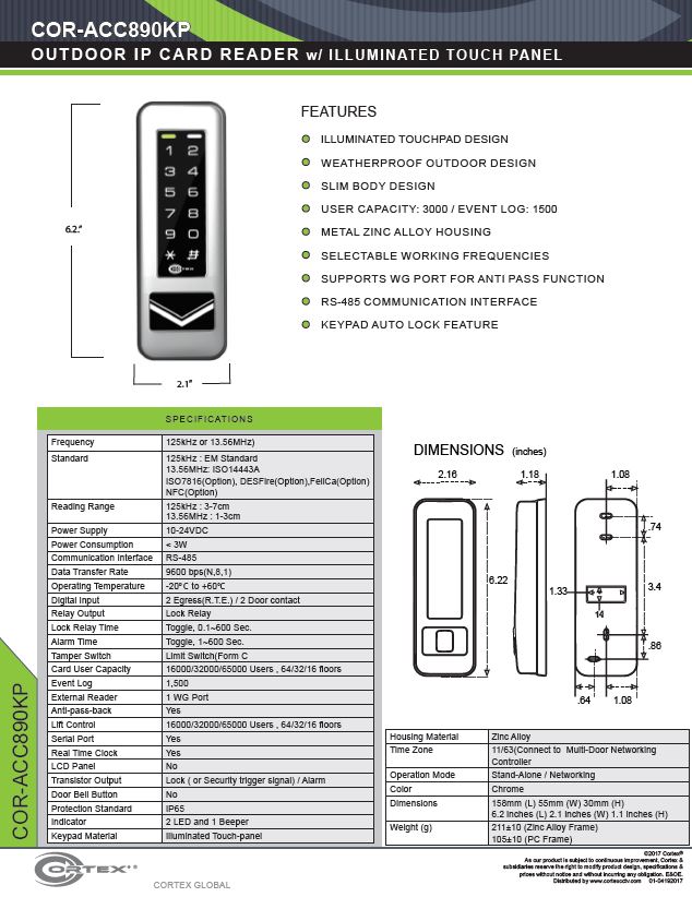 Outdoor Biometric Fingerprint Proximity Card Reader from Cortex® specifications for access control product COR-ACC890KP