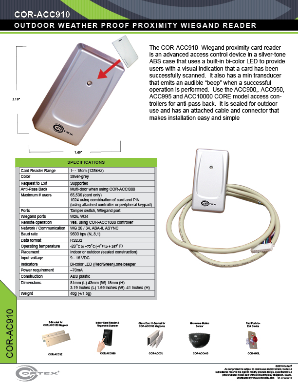 Weigand Proximity Card Reader with LED light indicator from Cortex® specifications for access control product COR-ACC910