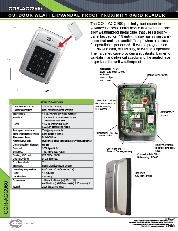 Outdoor Proximity Card Reader with Keypad Display in Metal Case from Cortex® specifications for access control product COR-ACC960
