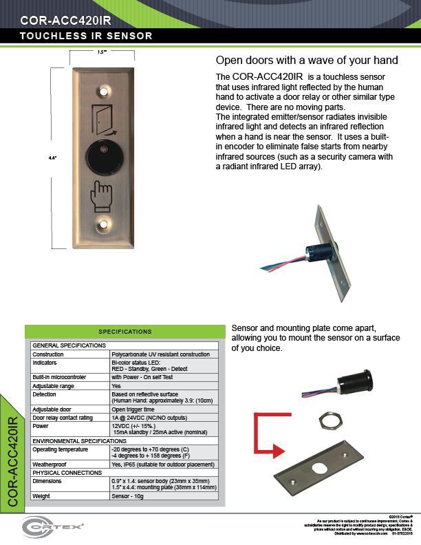 Infrared Touchless Door Button specifications for access control product COR-ACC420IR