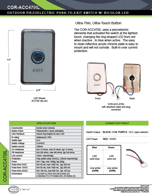 Double Gang Push To Exit Button with Bi-Color LED specifications for access control product COR-ACC470IL