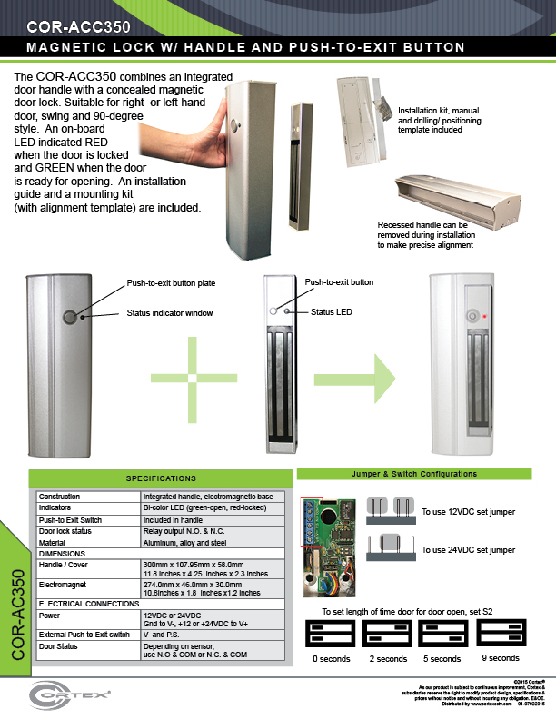 UL-Listed Magnetic-Lock with Integrated Handle & Button from Cortex® specifications for access control product COR-ACC350