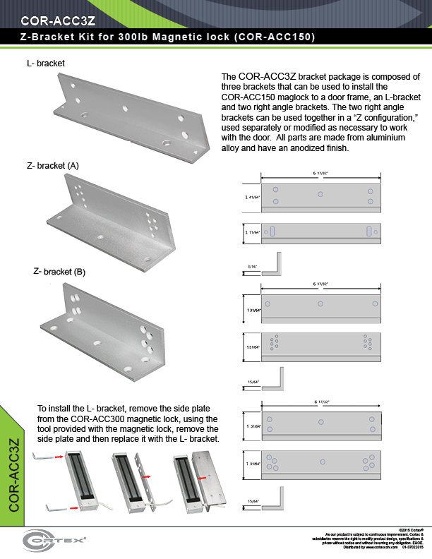 UL-Listed L & Z Bracket Kit for 300lb Maglocks from Cortex® specifications for access control product COR-ACC3Z