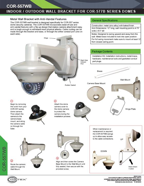 Wall Bracket for COR-557-Series Dome Cameras from Cortex® specifications for this accessory product COR-557WB