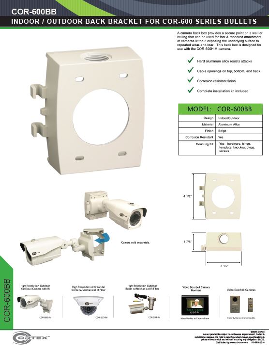 Outdoor Back Bracket for COR-600-Series Bullet Cameras from Cortex® specifications for this accessory product COR-600BB