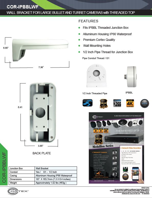 Wall Bracket for Threaded Top Junction box  from Cortex® specifications for this accessory product COR-IPBBLWF
