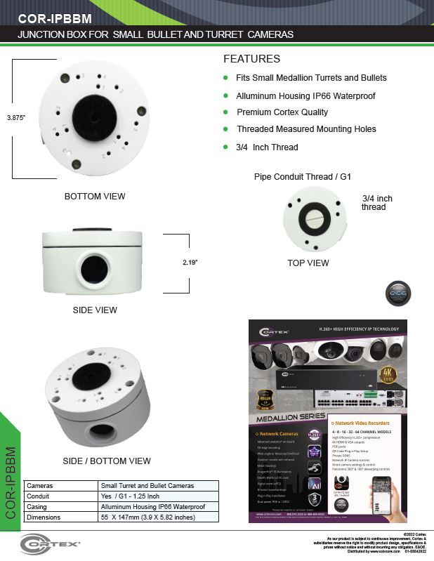 Junction Box for small Bullet and Turret IP Security Cameras from Cortex® specifications for this accessory product COR-IPBBM