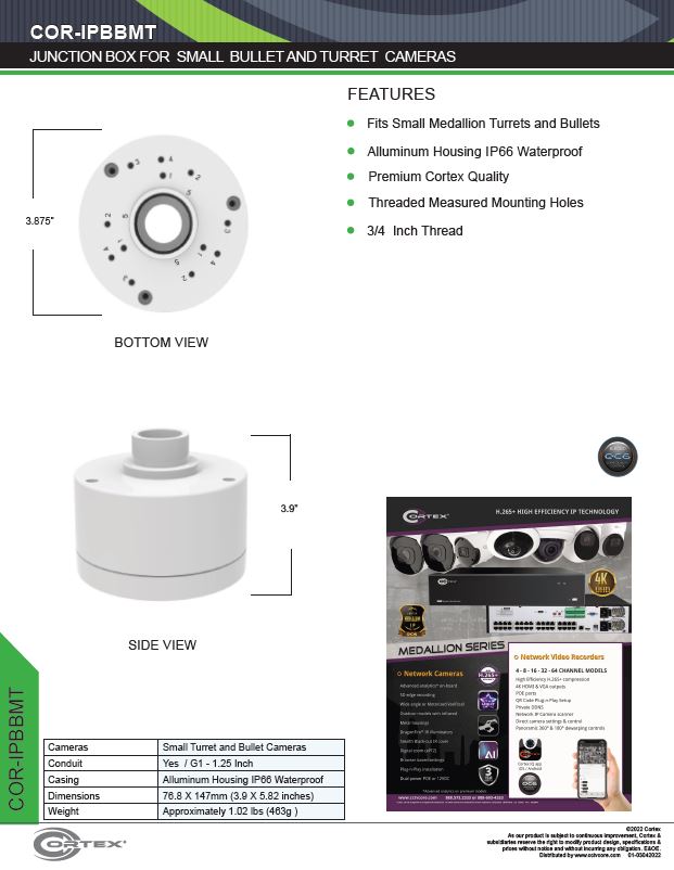 Junction Box for small Bullet and Turret IP Security Cameras from Cortex® specifications for this accessory product COR-IPBBMT