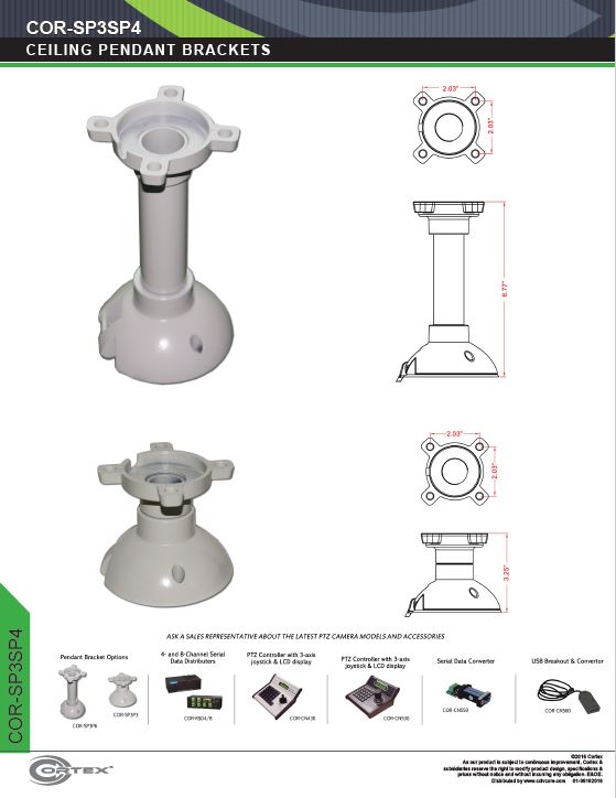 Outdoor Aluminum PTZ Ceiling Pendant bracket from Cortex® specifications for this accessory product COR-SP3SP6